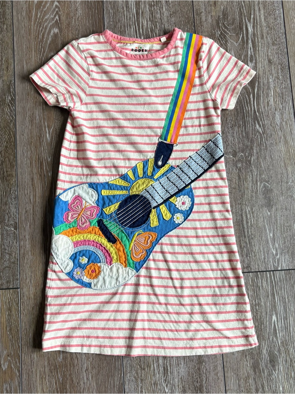 Mini Boden Pink and White Stripe dress with guitar appliqué  size 7/8